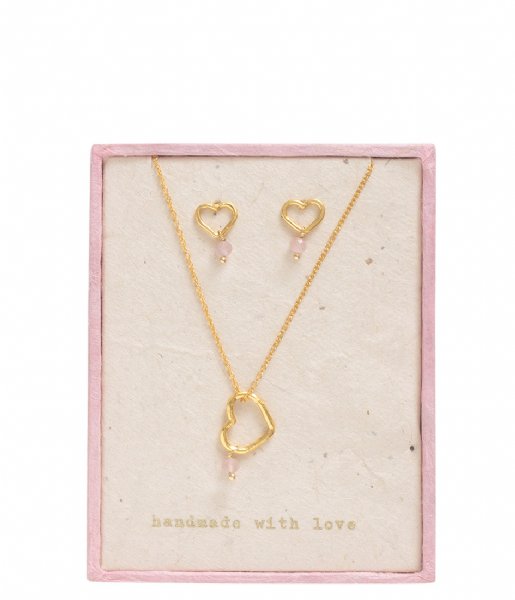 A Beautiful Story Necklace Gift set Open Heart Rose Quartz GP Gold colored