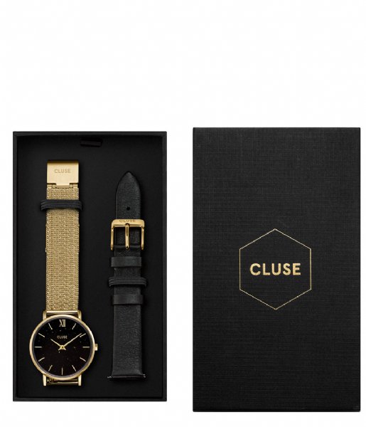 CLUSE Watch Minuit Special Mesh Gold Plated Black Stardust Gift Box Gold plated black stardust & black leather strap