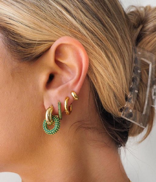 LUV AJ Earring Pave Interlock Hoops Green Emerald Gold Plated