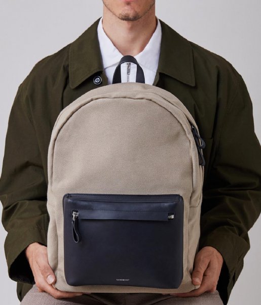 Sandqvist Everday Backpacks Ingvar 15 Inch Beige Twill With Navy Leather 1316 The Little Green Bag
