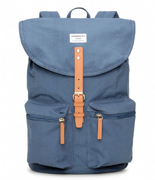 Sandqvist Everday backpack Roald dusty blue with cognac brown leather (812)