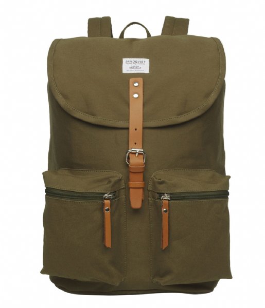 Sandqvist Everday backpack Roald 15 Inch olive with cognac brown leather (534)