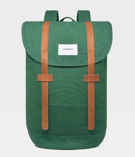 Sandqvist Laptop Backpack Stig forest green with cognac brown leather (970)