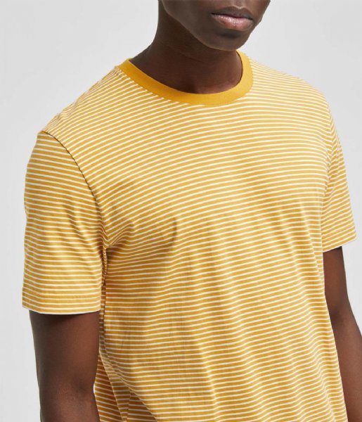 Selected Homme T shirt Stripe Ss O-Neck Tee W Golden Spice Bright White