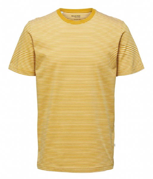 Selected Homme T shirt Stripe Ss O-Neck Tee W Golden Spice Bright White