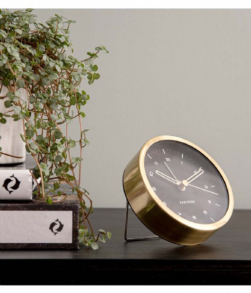 Karlsson Alarm clock Alarm clock Tinge black dial Design Armando Breeveld steel brushed gold colored black dial (KA5845GD)
