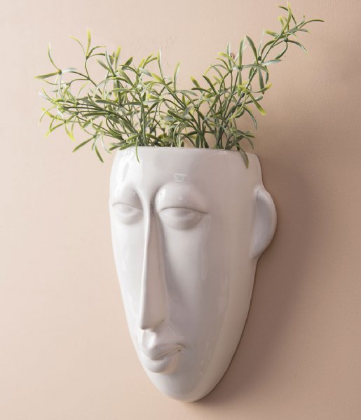 Present Time Flower pot Wall plant pot Mask long glazed white (PT3503WH)