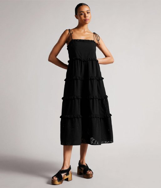 Ted Baker Dress Hansi Magnolia Burn Out Strappy Tiered Midi Dress Black