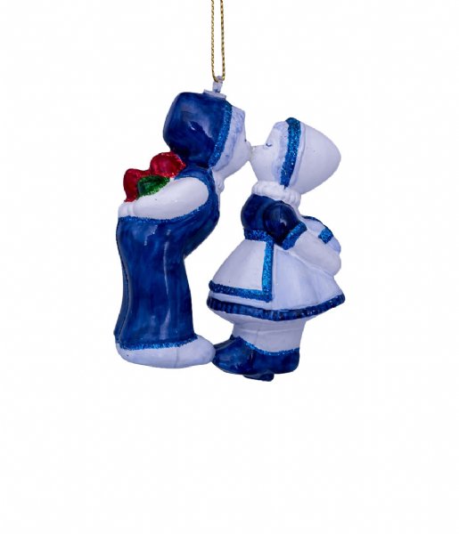 Vondels Christmas decoration Ornament glass Delft kissing boy and girl H10cm box Blue